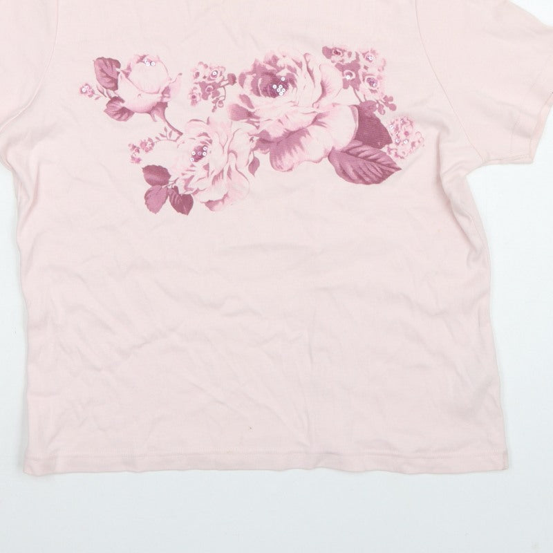 Monsoon Women Pink UK 18 Floral Sequin Cotton Jersey T-Shirt