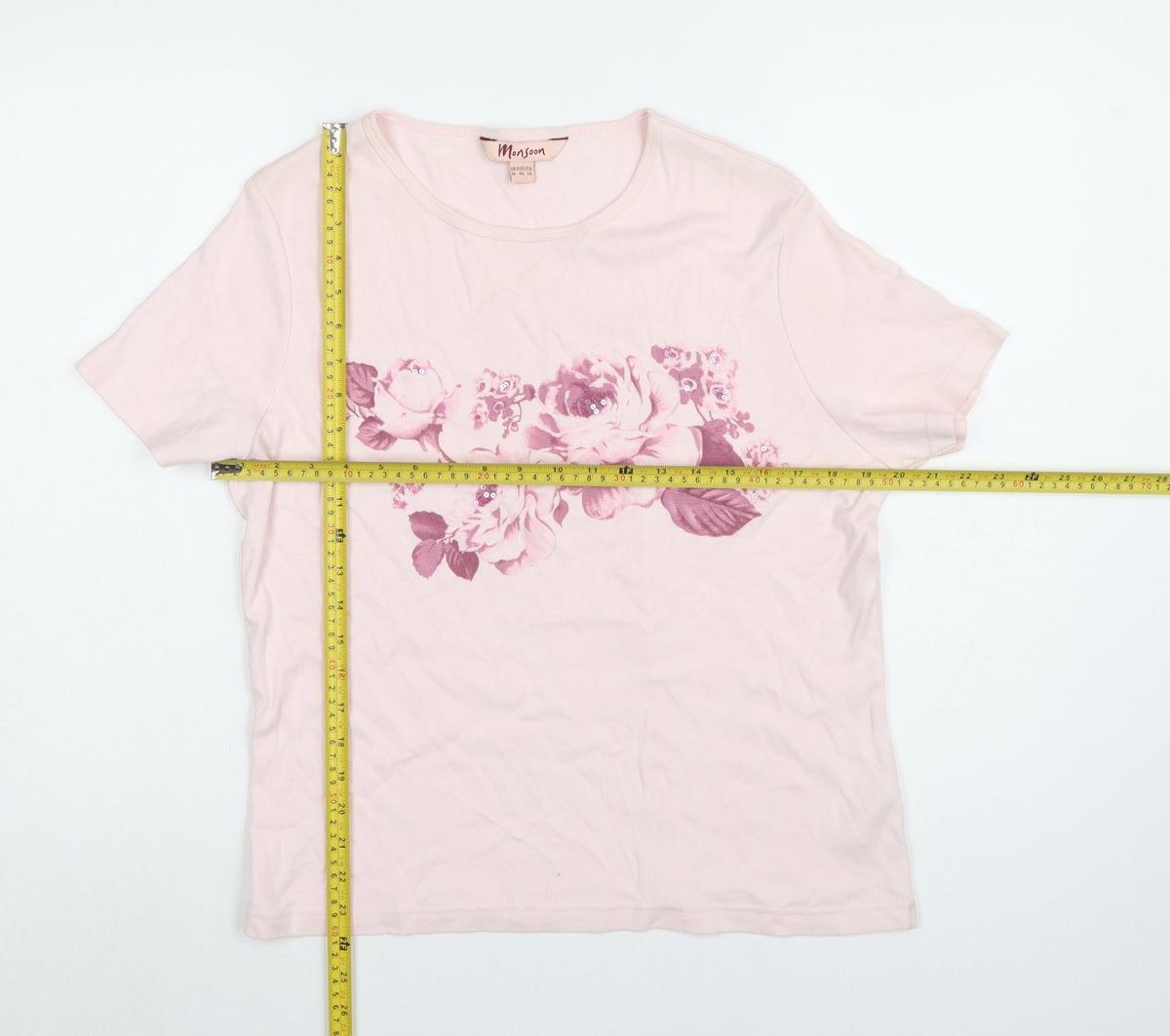 Monsoon Women Pink UK 18 Floral Sequin Cotton Jersey T-Shirt