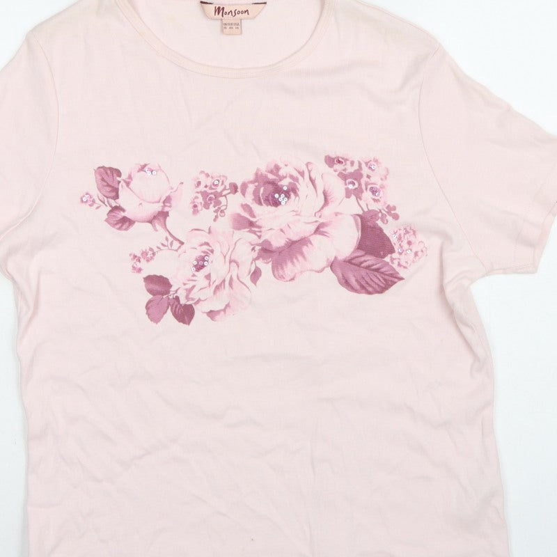Monsoon Women Pink UK 18 Floral Sequin Cotton Jersey T-Shirt