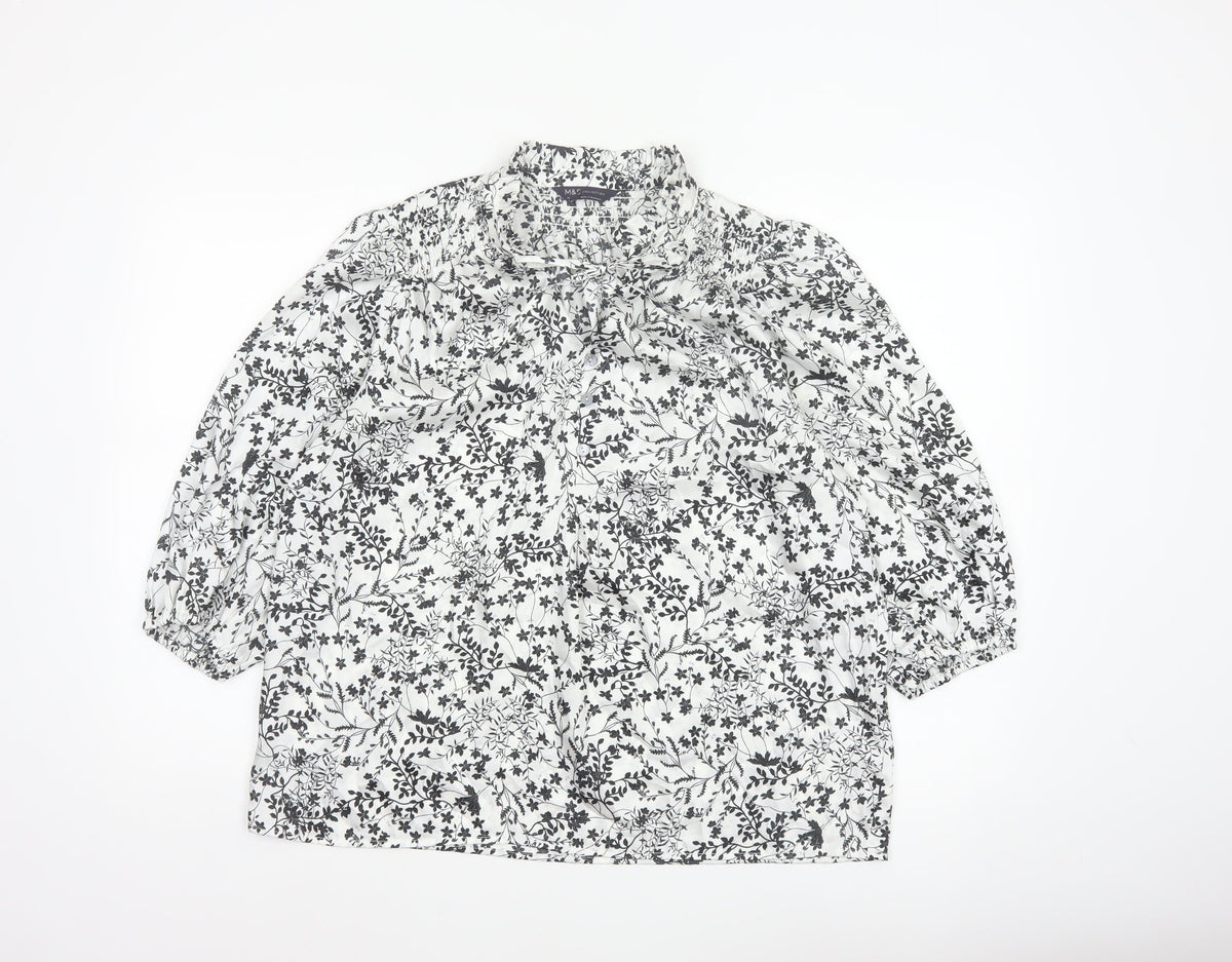 Marks and Spencer Women White Floral High Neck Puff Sleeve Blouse UK 14
