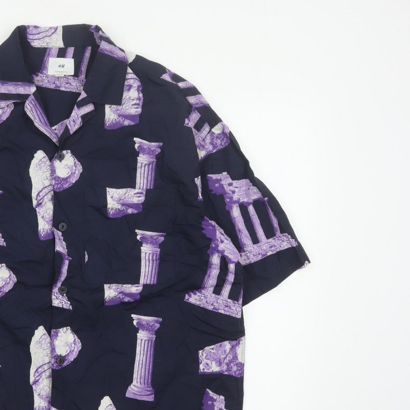 H&M Men’s Blue Purple M Oversized Graphic Print Cotton Shirt