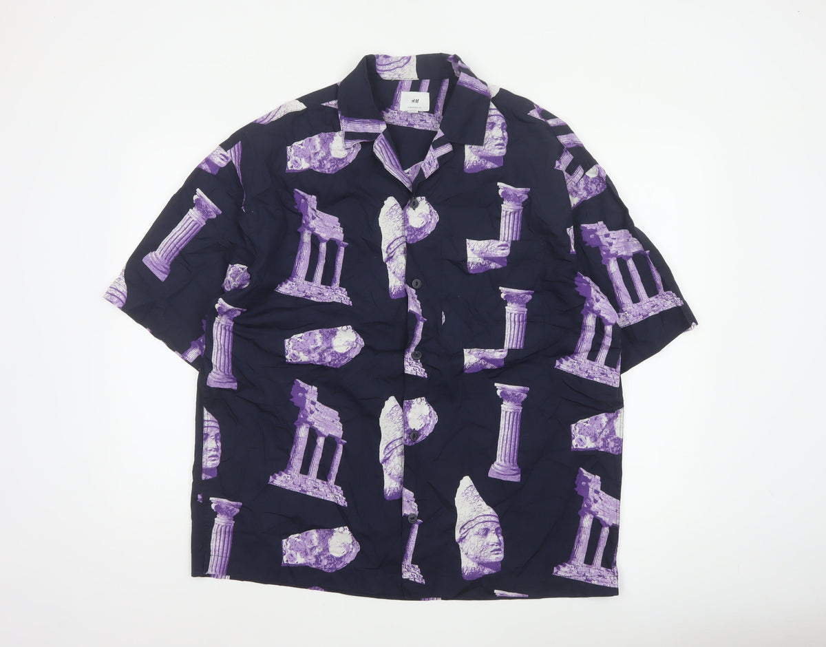 H&M Men’s Blue Purple M Oversized Graphic Print Cotton Shirt