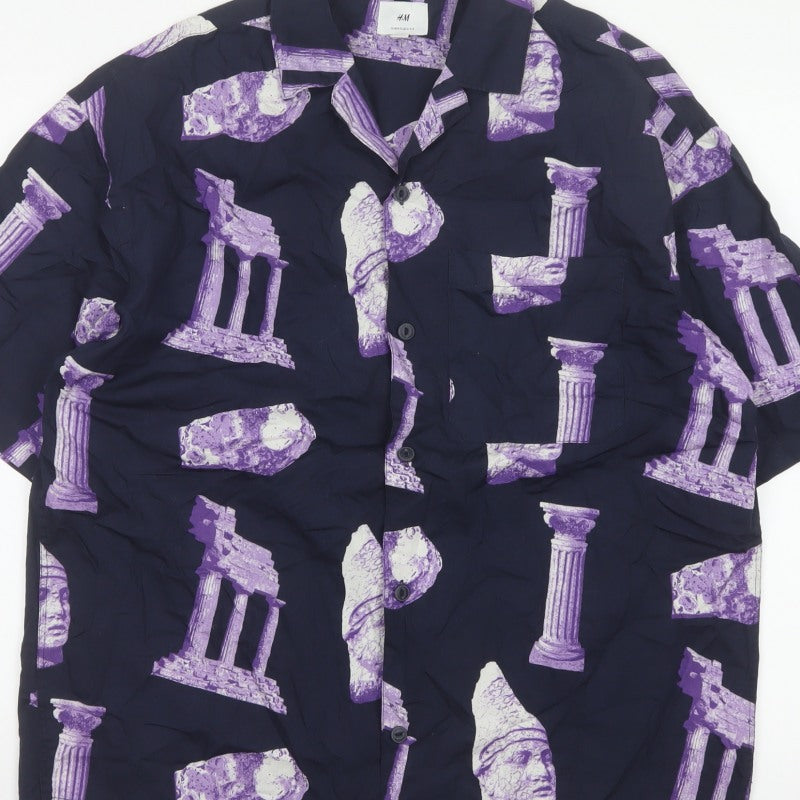 H&M Men’s Blue Purple M Oversized Graphic Print Cotton Shirt