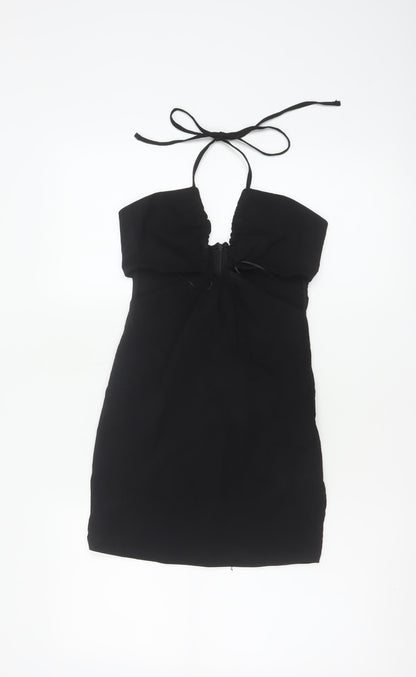 Pull&Bear Women Black S Bodycon Halter Cold Shoulder Mini Dress