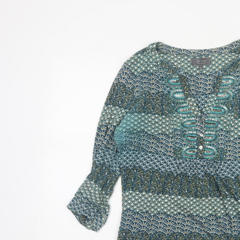 Per Una Women Blue Geometric Sequin Cotton Tunic Blouse UK 12