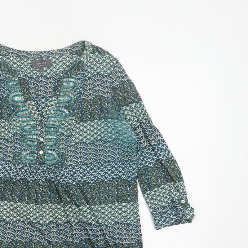 Per Una Women Blue Geometric Sequin Cotton Tunic Blouse UK 12