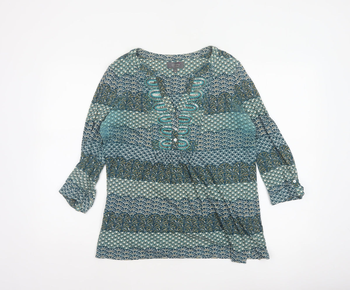 Per Una Women Blue Geometric Sequin Cotton Tunic Blouse UK 12