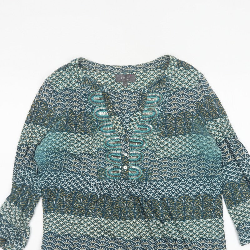 Per Una Women Blue Geometric Sequin Cotton Tunic Blouse UK 12