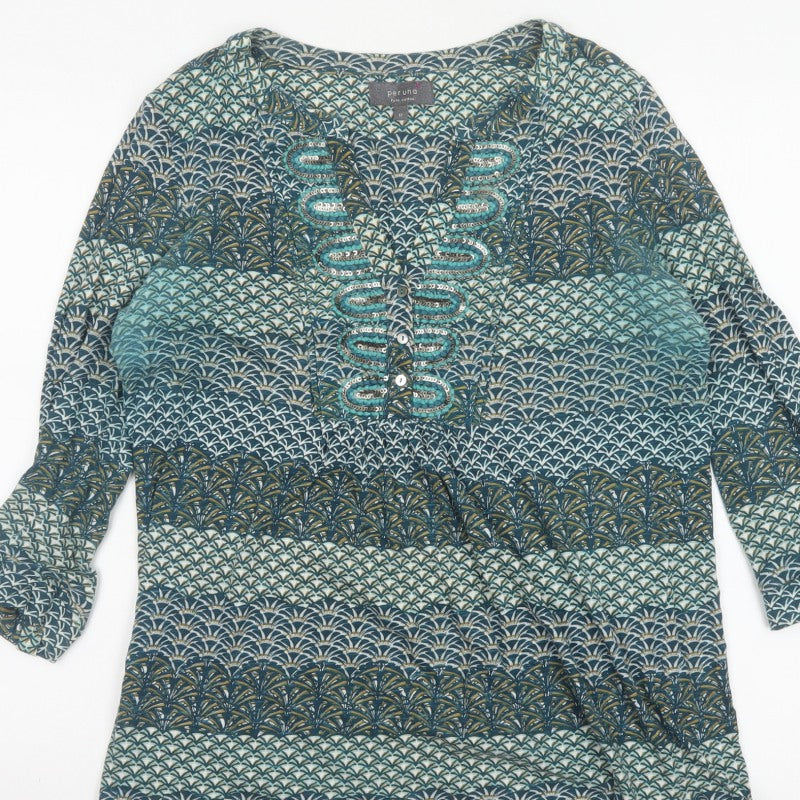 Per Una Women Blue Geometric Sequin Cotton Tunic Blouse UK 12