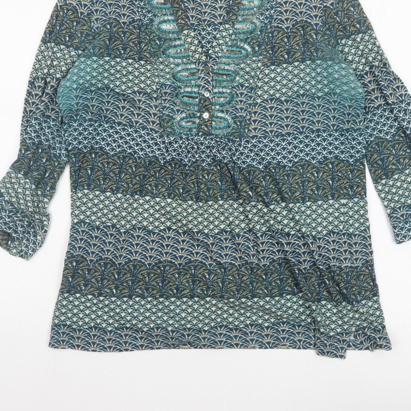 Per Una Women Blue Geometric Sequin Cotton Tunic Blouse UK 12