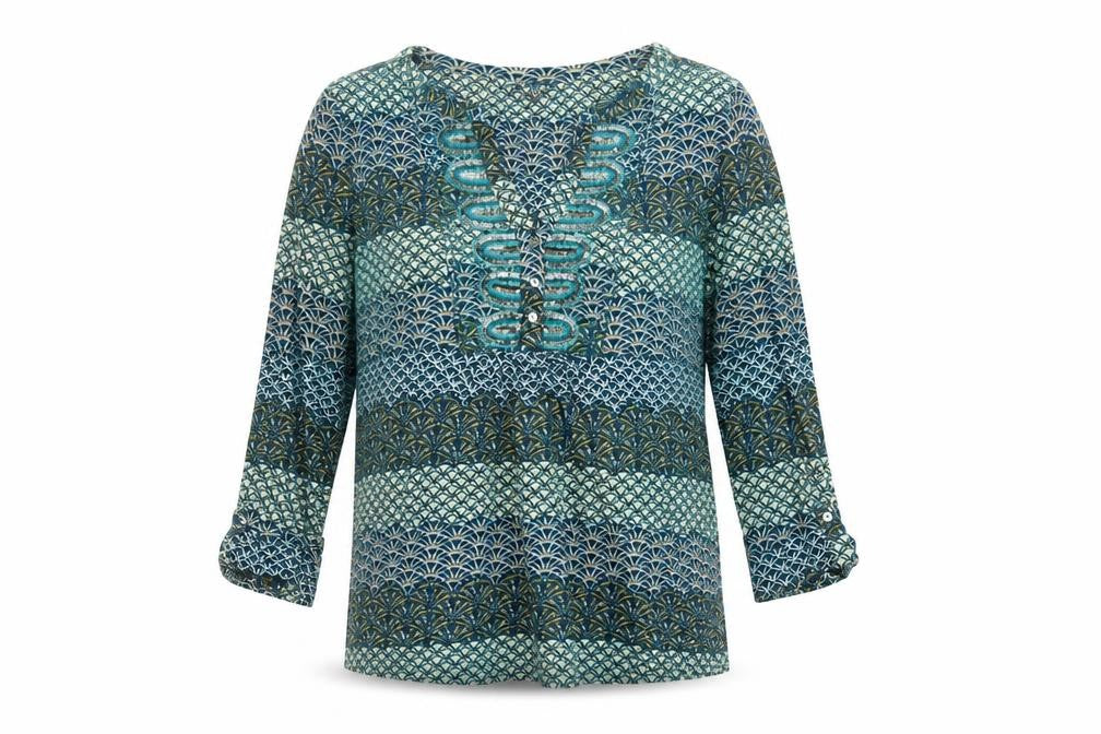Per Una Women Blue Geometric Sequin Cotton Tunic Blouse UK 12