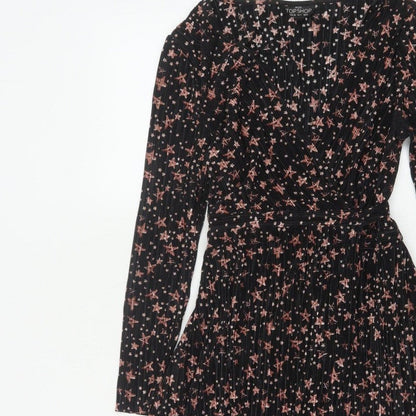 Topshop Women Black Star Print Petite UK 8 Pleated Wrap Dress