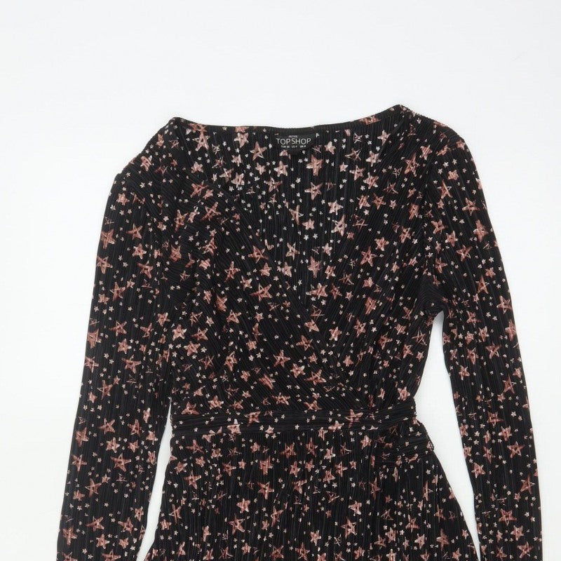 Topshop Women Black Star Print Petite UK 8 Pleated Wrap Dress