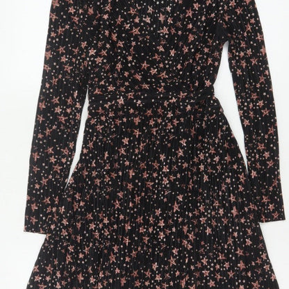 Topshop Women Black Star Print Petite UK 8 Pleated Wrap Dress