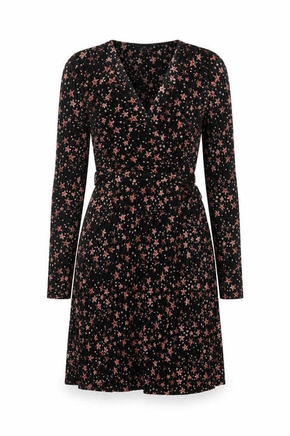 Topshop Women Black Star Print Petite UK 8 Pleated Wrap Dress