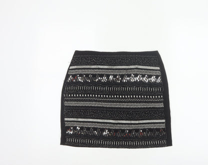 H&M Women Black UK 8 Straight Pencil Sequin Geometric Mini Skirt