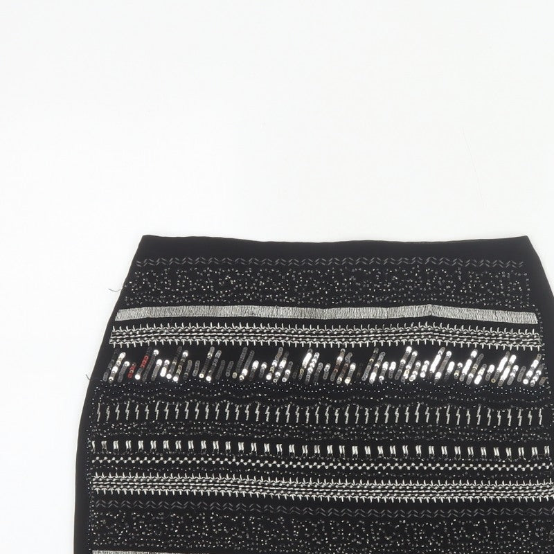 H&M Women Black UK 8 Straight Pencil Sequin Geometric Mini Skirt