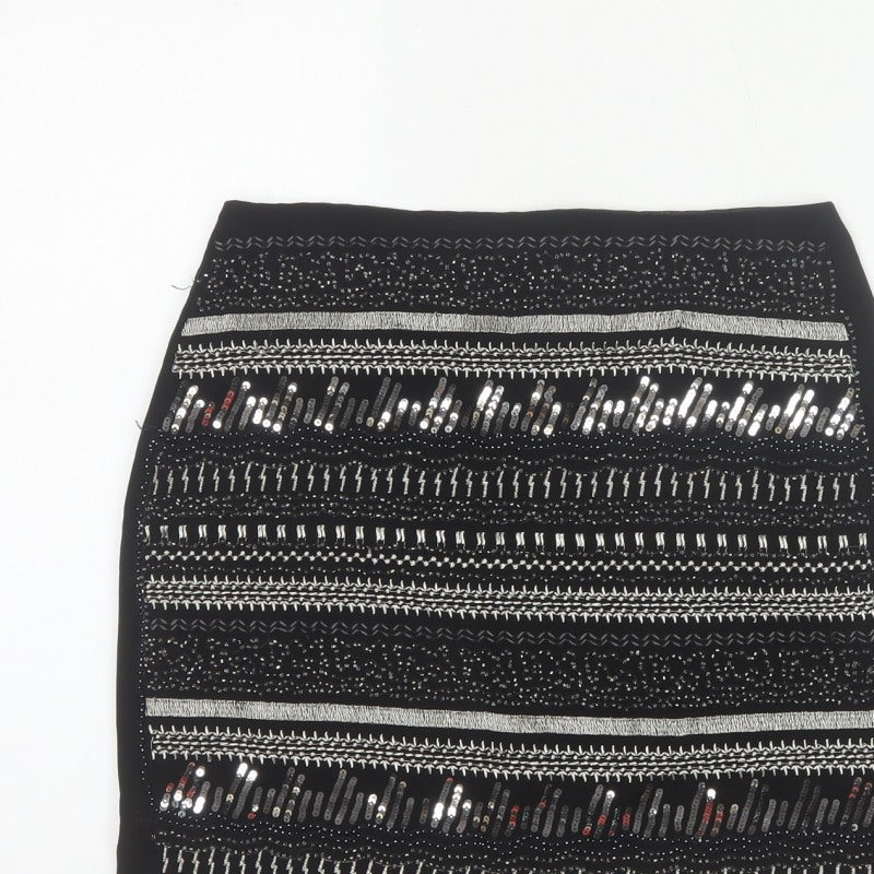 H&M Women Black UK 8 Straight Pencil Sequin Geometric Mini Skirt