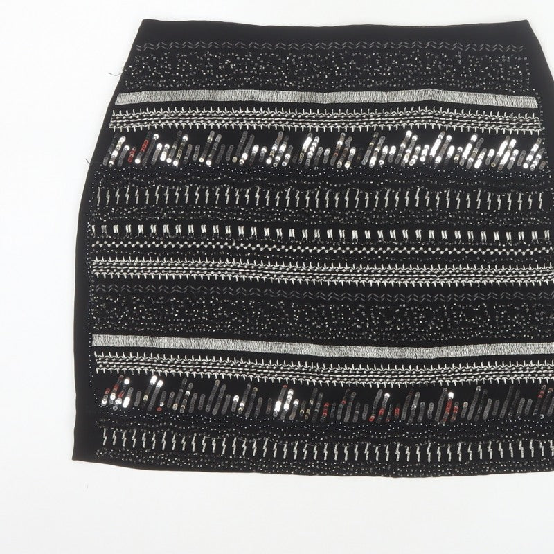 H&M Women Black UK 8 Straight Pencil Sequin Geometric Mini Skirt