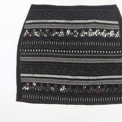 H&M Women Black UK 8 Straight Pencil Sequin Geometric Mini Skirt