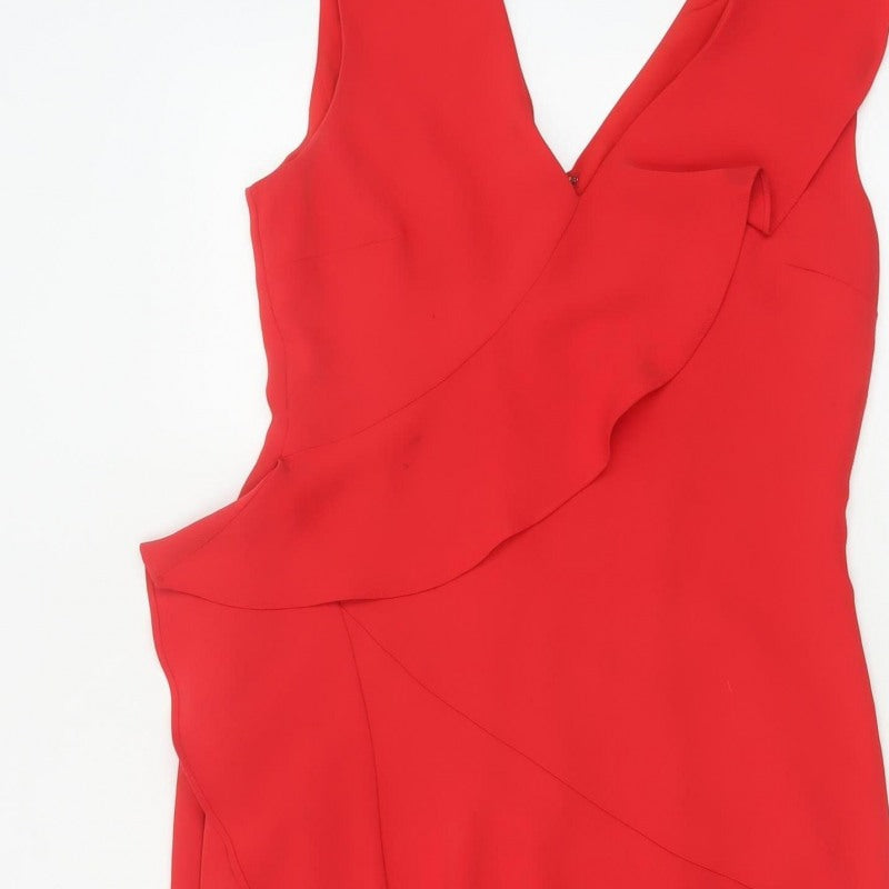 Reiss Women Red UK 10 Fit & Flare Ruffle V-Neck Cocktail Dress