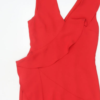 Reiss Women Red UK 10 Fit & Flare Ruffle V-Neck Cocktail Dress