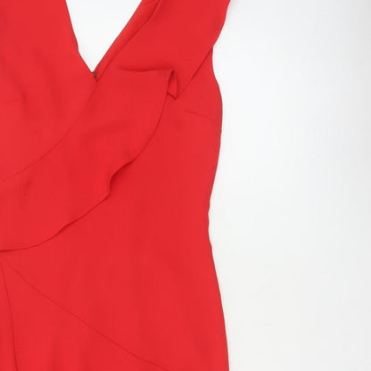 Reiss Women Red UK 10 Fit & Flare Ruffle V-Neck Cocktail Dress