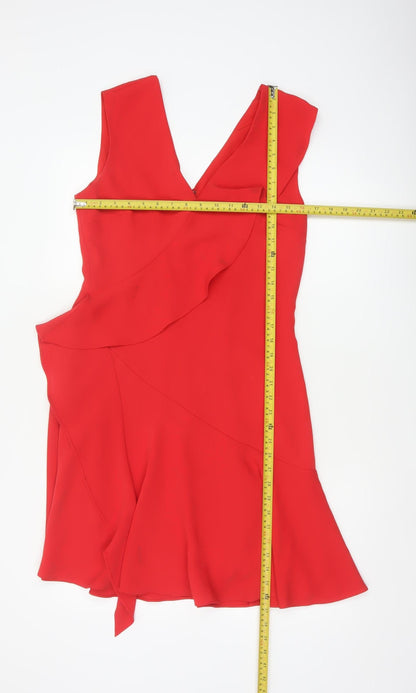 Reiss Women Red UK 10 Fit & Flare Ruffle V-Neck Cocktail Dress