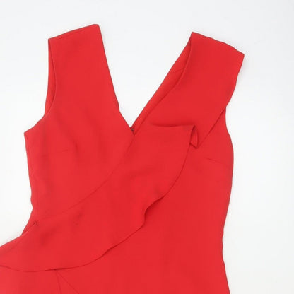 Reiss Women Red UK 10 Fit & Flare Ruffle V-Neck Cocktail Dress