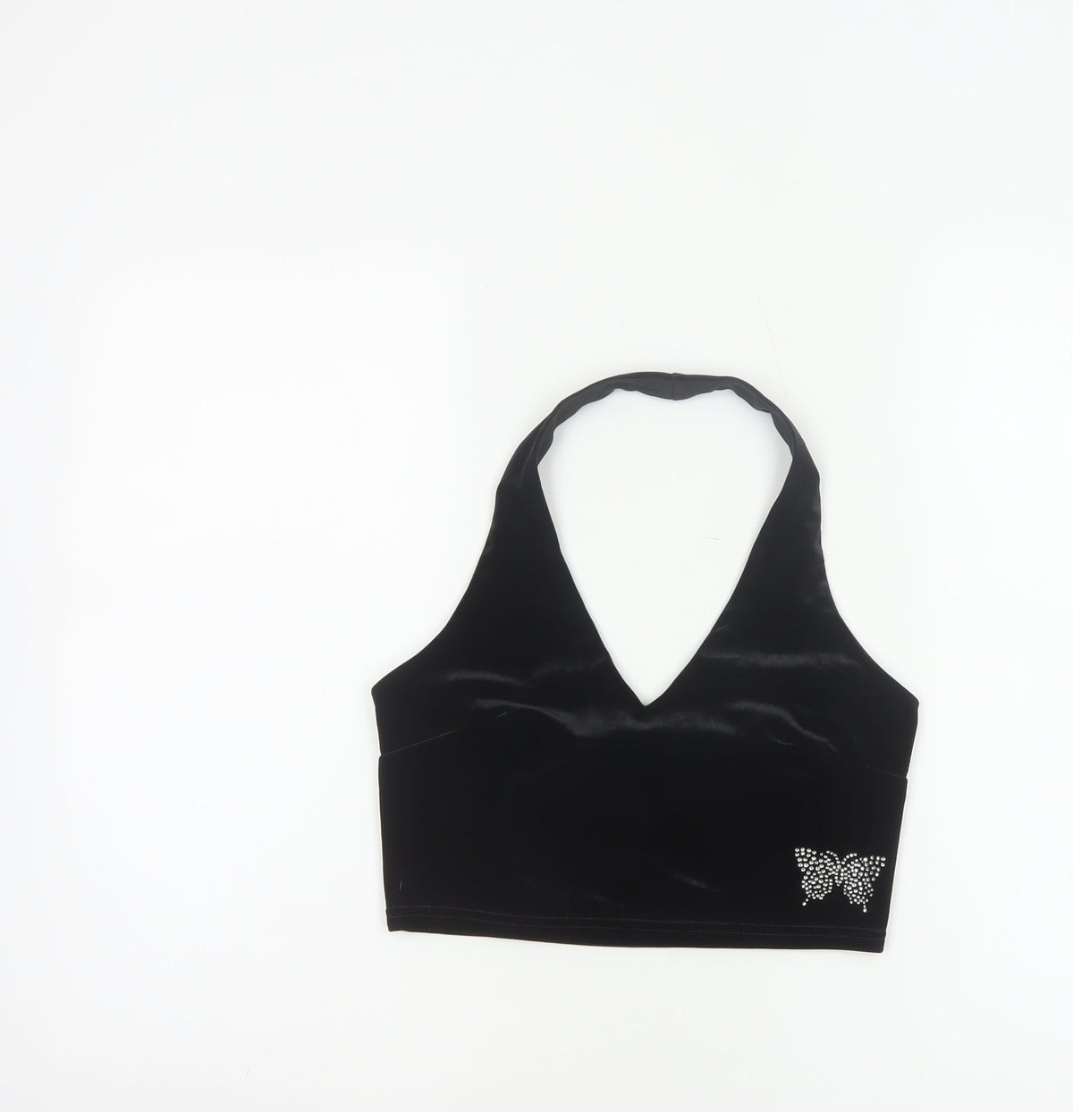 Urban Renewal Women Black S Velvet Halter Crop Top Rhinestone Butterfly