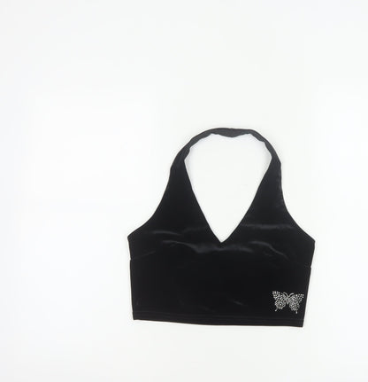 Urban Renewal Women Black S Velvet Halter Crop Top Rhinestone Butterfly