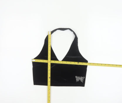 Urban Renewal Women Black S Velvet Halter Crop Top Rhinestone Butterfly