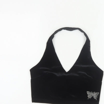Urban Renewal Women Black S Velvet Halter Crop Top Rhinestone Butterfly