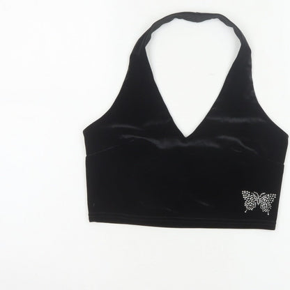 Urban Renewal Women Black S Velvet Halter Crop Top Rhinestone Butterfly