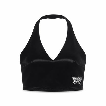 Urban Renewal Women Black S Velvet Halter Crop Top Rhinestone Butterfly