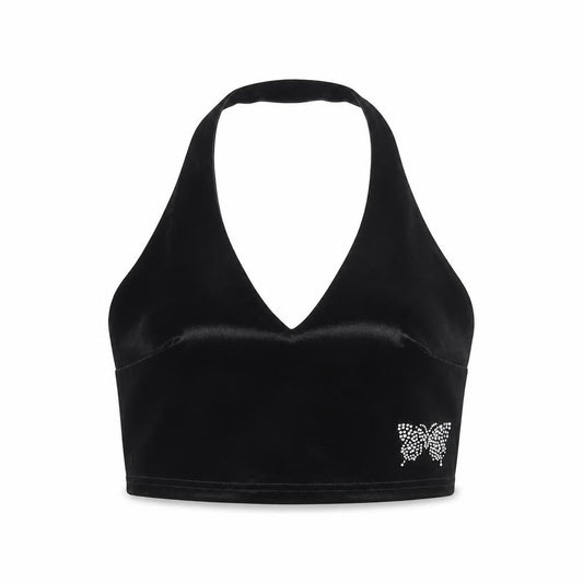 Urban Renewal Women Black S Velvet Halter Crop Top Rhinestone Butterfly