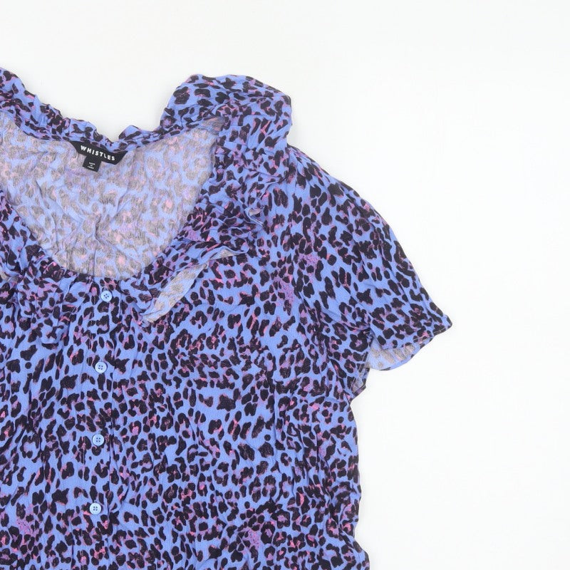 Whistles Women Blue Leopard Print Ruffle Button Blouse UK 18