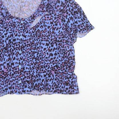 Whistles Women Blue Leopard Print Ruffle Button Blouse UK 18