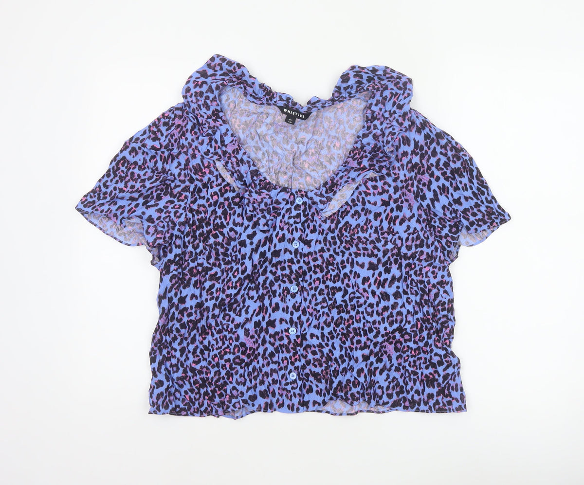 Whistles Women Blue Leopard Print Ruffle Button Blouse UK 18
