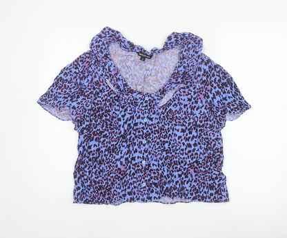 Whistles Women Blue Leopard Print Ruffle Button Blouse UK 18