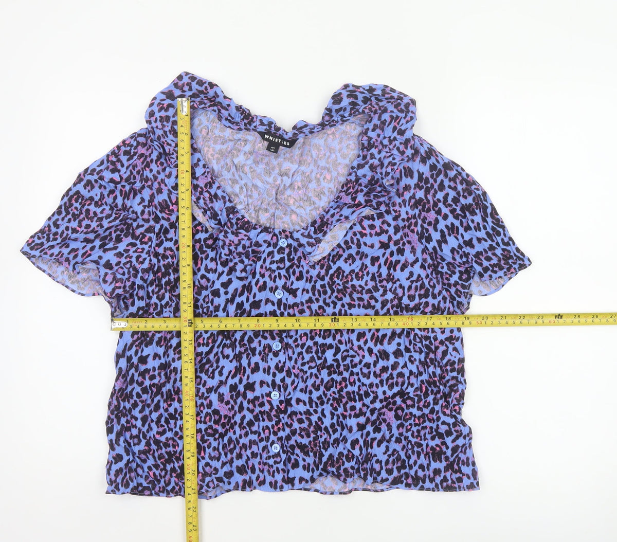 Whistles Women Blue Leopard Print Ruffle Button Blouse UK 18