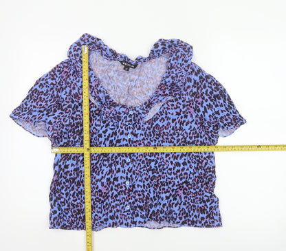 Whistles Women Blue Leopard Print Ruffle Button Blouse UK 18