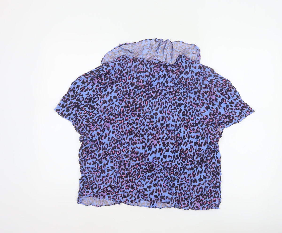 Whistles Women Blue Leopard Print Ruffle Button Blouse UK 18