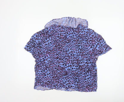 Whistles Women Blue Leopard Print Ruffle Button Blouse UK 18