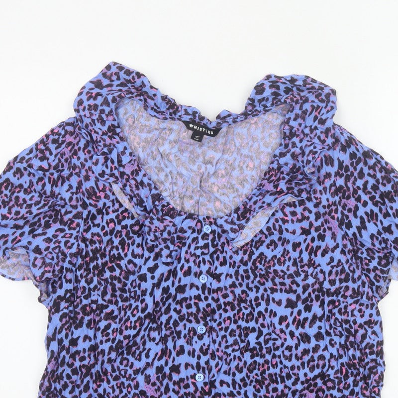 Whistles Women Blue Leopard Print Ruffle Button Blouse UK 18