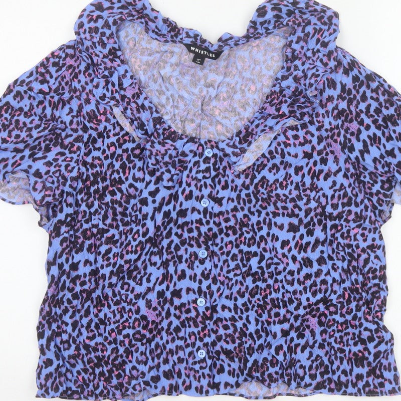 Whistles Women Blue Leopard Print Ruffle Button Blouse UK 18