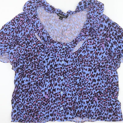 Whistles Women Blue Leopard Print Ruffle Button Blouse UK 18