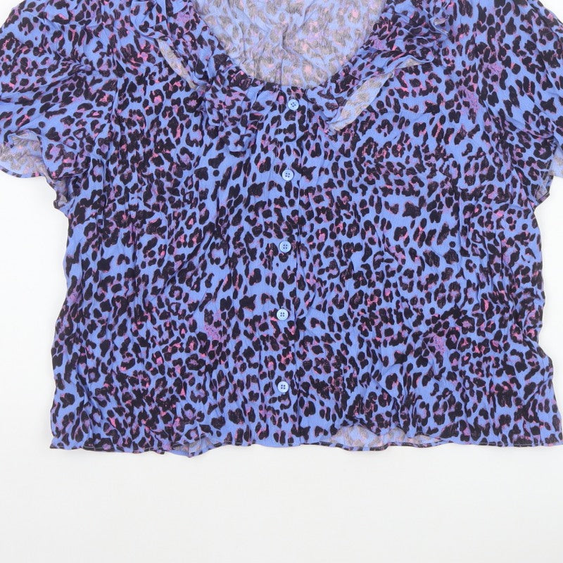 Whistles Women Blue Leopard Print Ruffle Button Blouse UK 18