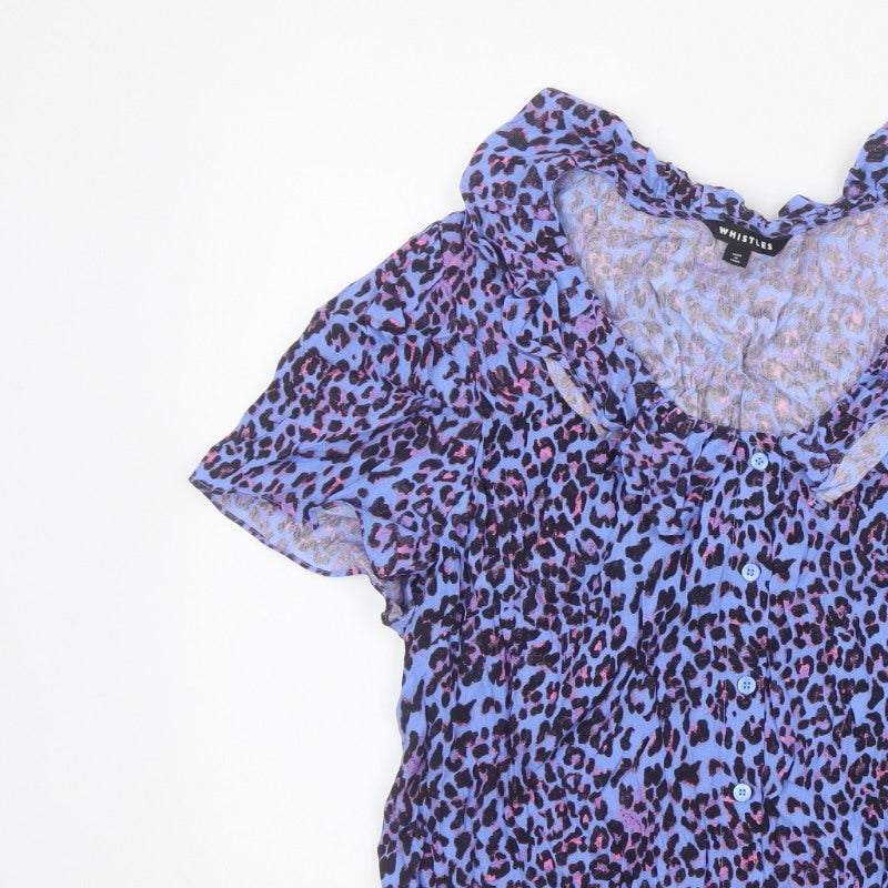 Whistles Women Blue Leopard Print Ruffle Button Blouse UK 18