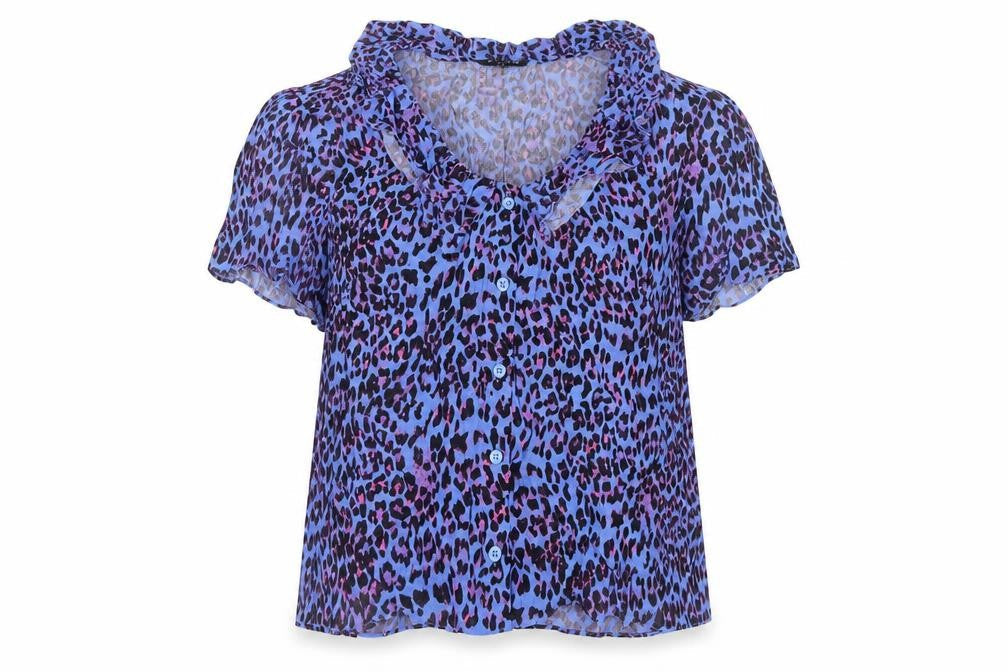 Whistles Women Blue Leopard Print Ruffle Button Blouse UK 18